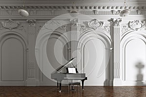 Grand piano in white classic museum interior 3d render