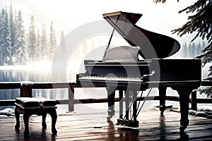 The grand piano on the wood pier in winter season with lake and snow mountains background Generative AI