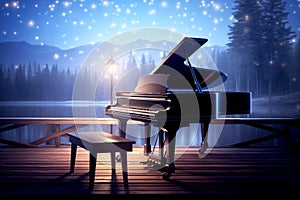 The grand piano on the wood pier in winter season with lake and snow mountains background at night time, Generative AI
