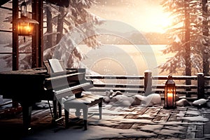 The grand piano on the wood pier in winter season with lake and snow mountains sunset background, Generative AI