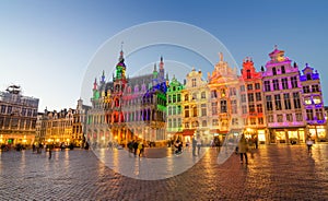 Grand Place with colorful lighting at Dusk in Brussels.