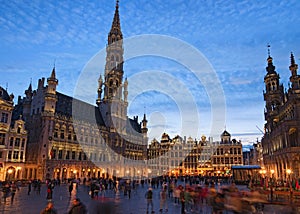 The Grand place Grote Markt is the central square of medieval Brussels. Beautiful view during sunset at spring