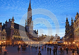 The Grand place Grote Markt is the central square of medieval Brussels. Beautiful view during sunset at spring. The Grand place