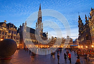 The Grand place Grote Markt is the central square of medieval Brussels. Beautiful view during sunset at spring.