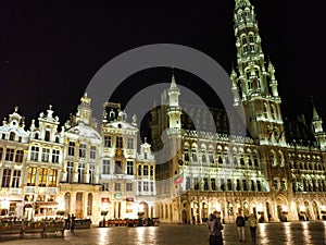 Grand Place Grote Markt, the main square, in Brussels, Belgium, during the night, with illuminated buildings