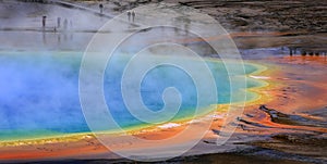 Grand Prismatic Spring with Steam in Yellowstone National Park on Rainy Day with People on the Boardwalk