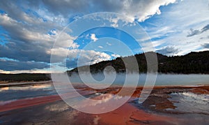 The Grand Prismatic Spring at sunset in the Midway Geyser Basin along the Firehole River in Yellowstone NP in Wyoming US