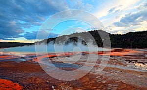 The Grand Prismatic Spring at sunset in the Midway Geyser Basin in Yellowstone National Park in Wyoming
