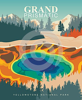 Grand Prismatic Spring on vector colorful poster. Yellowstone national park