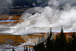 Grand Prismatic Spring Yellowstone National Park Tourists Viewing Spectacular Scene