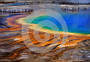 Grand Prismatic Spring Yellowstone National Park Tourists Viewing Spectacular Scene