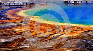 Grand Prismatic Spring Yellowstone National Park Tourists Viewing Spectacular Scene