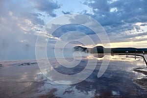 Grand Prismatic Spring of Yellowstone at sunset.