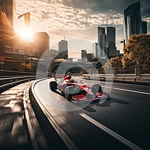 Grand Prix racing car speeding through city road