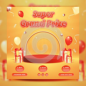 Grand prize contest social media template with podium and gift box