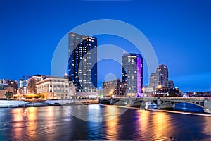 Grand Rapids, Michigan, USA downtown skyline on the Grand River