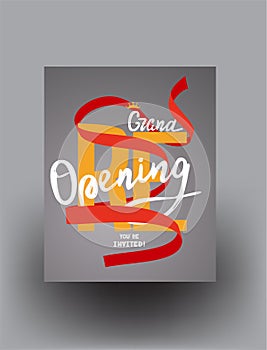 Grand reopening poster with curly ribbon and lettering.