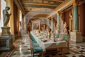 Grand Roman banquet in a lavish villa, with marble columns and statues, where guests recline on ornate couches and indulge in