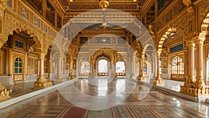 A grand room filled with lavish gold ornamentation and adorned with exquisite marble flooring, An imposing royal palace adorned