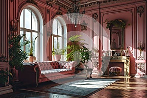 A grand room with a vintage design, pink walls, and opulent decor