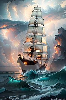 The Grand Sailing Ship Carrying the Mysteries of History in a Stormy Sky and Choppy Sea. AI generated