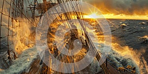 grand schooner bravely navigates through a stormy sea, its tall mast towering over the choppy waters as it sails towards