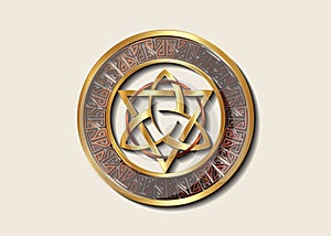 The Grand Seal of gold Triquetra with Triangle and bronze Circle logo, Luxury Metallic Frame Trinity Knot, Pagan Celtic symbol