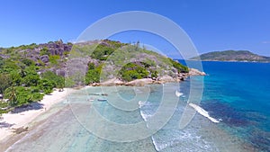 Grand Sister Island close to La Digue, Seychelles. Aerial view of tropical coastline on a sunny day