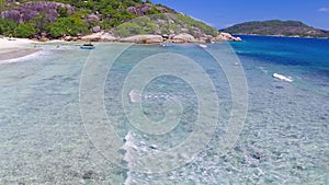 Grand Sister Island close to La Digue, Seychelles. Aerial view of tropical coastline on a sunny day