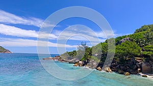 Grand Sister Island close to La Digue, Seychelles. Aerial view of tropical coastline on a sunny day