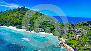 Grand Sister Island close to La Digue, Seychelles. Aerial view of tropical coastline on a sunny day