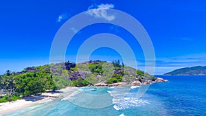 Grand Sister Island close to La Digue, Seychelles. Aerial view of tropical coastline on a sunny day