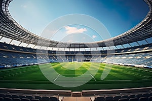 Grand stadium no spectators expecting an evening match on the green grass field