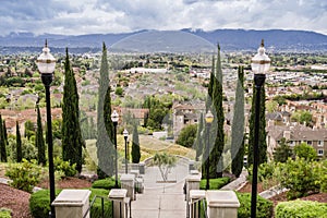 Grand Staircase on cloudy and rainy day and view towards the a residential neighborhood, Communications Hill, San Jose, California