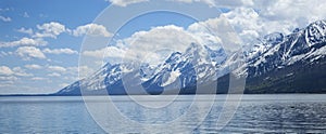 Grand Teton mountain range viewed above JacksonLake