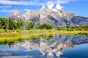 Grand Teton mountains landscape view with water reflection, USA