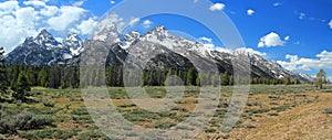 Grand Teton National Park, Landscape Panorama of Rocky Mountains Range and Plains in Spring, Wyoming, USA