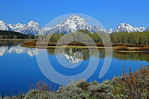 Grand Teton National Park with Rocky Mountains Range mirrored in Oxbow Bend of the Snake River, Wyoming