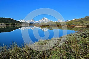 Grand Teton National Park with Rocky Mountains Range reflected in Oxbow Bend of Snake River, Wyoming