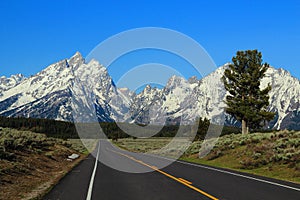 Grand Teton National Park, Wyoming, Road to the Rocky Mountains in Morning Light, USA