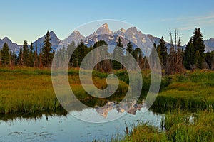 The Grand Teton sunrise reflection at Schwabacher`s Landing in Grand Teton National Park