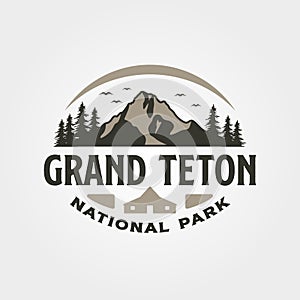 grand teton vintage logo vector illustration design, travel adventure logo design