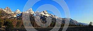 Rocky Mountains Landscape Panorama of Grand Teton Range in Morning Light, Grand Teton National Park, Wyoming