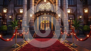 Grand theater entrance, velvet ropes, evening, frontal perspective, festive occasion , 8K resolution