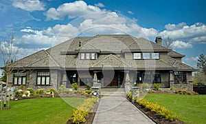 Grand Upscale Modern Home House Maison Porch Cumulus Sky Background