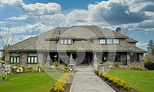 Grand Upscale Modern Home House Maison Porch Cumulus Sky Background