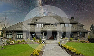 Grand Upscale Modern Home House Maison Porch Starry Night Sky Background