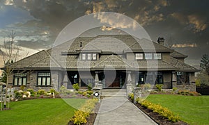 Grand Upscale Modern Home House Maison Porch Stormy Clouds Sky Background