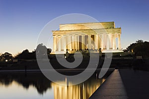 Grand view of the historic Lincoln Memorial illuminated at night-time, National Mall, Washington DC