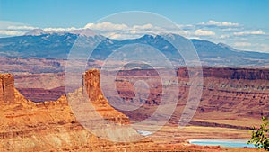 Grand view of Marlboro Point overlook and potash ponds in Canyonlands National Park and La Sal Mountain on the background